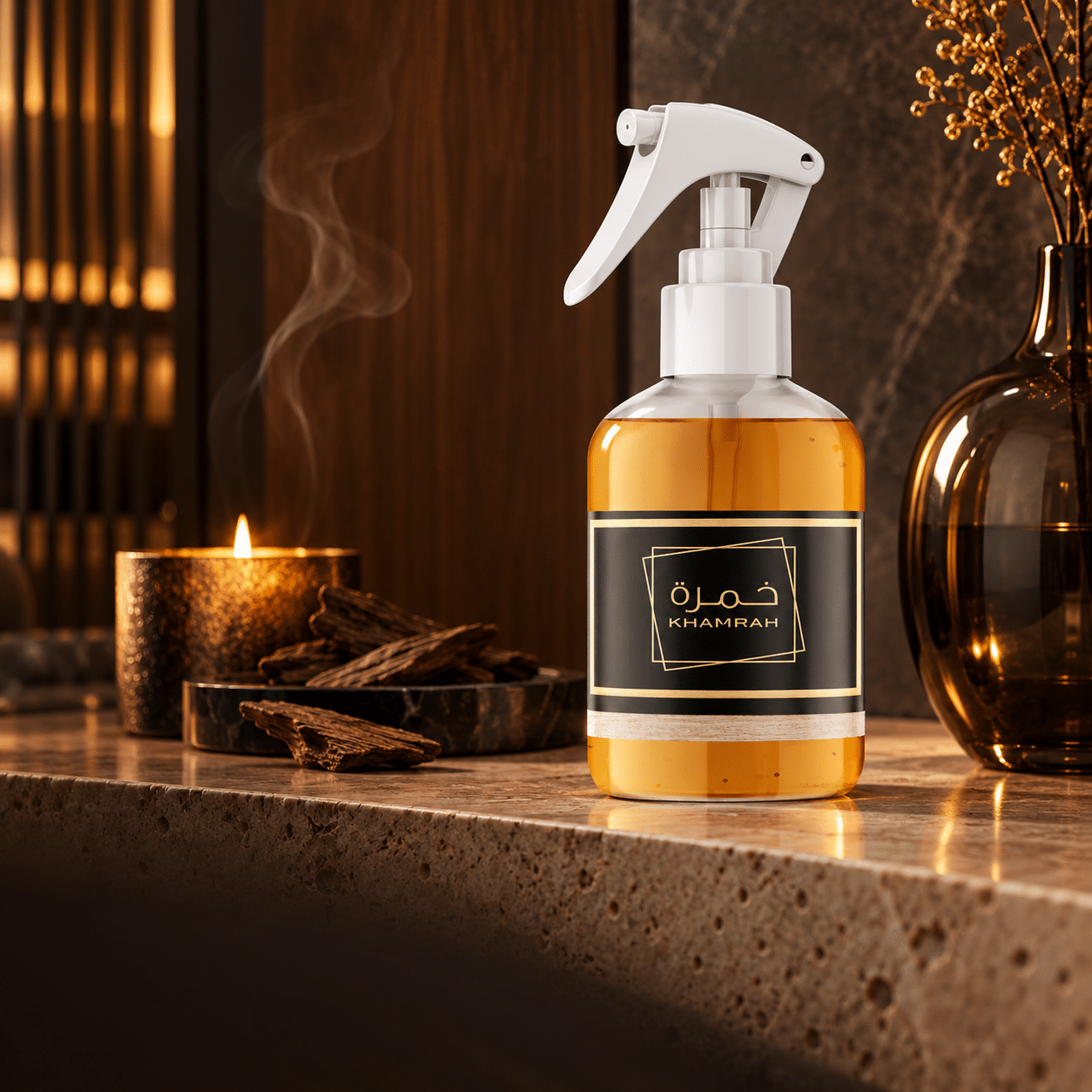 Spray d’intérieur Khamrah Lattafa dans une ambiance maison chaleureuse et élégante